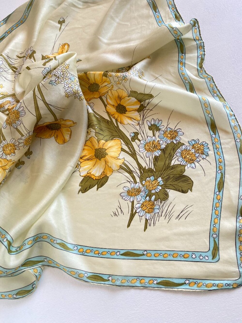 Vintage Dopio 100% Silk Square Scarf 28x28 Floral Italy Design Cream Blue Yellow